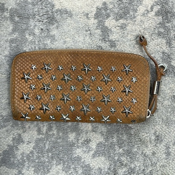 Jimmy Choo Filipa Zip Around Leather Star Studded Wallet Long Tan Silver - Picture 1 of 17